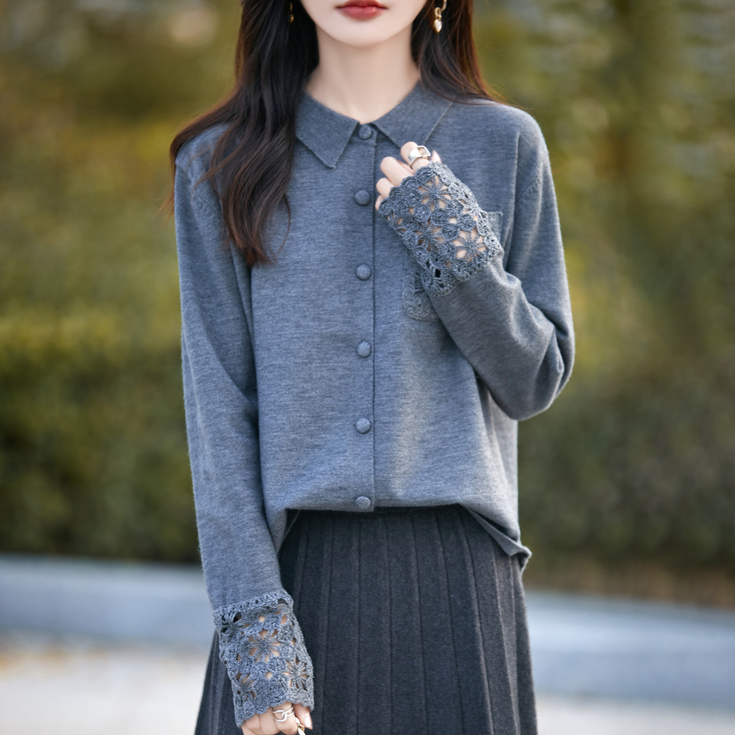 法式POLO翻领蕾丝拼接针织开衫女秋冬百搭轻奢保暖打底毛衣外套潮,女装/女士精品,毛针织衫,淘宝优惠券,粉丝福利购,淘宝优惠卷