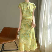 新款 湖青色立领水墨晕染国风旗袍裙夏季 高贵优雅连衣裙 女装 新中式