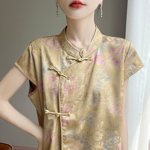 缎面印花短袖女精致盘扣斜襟