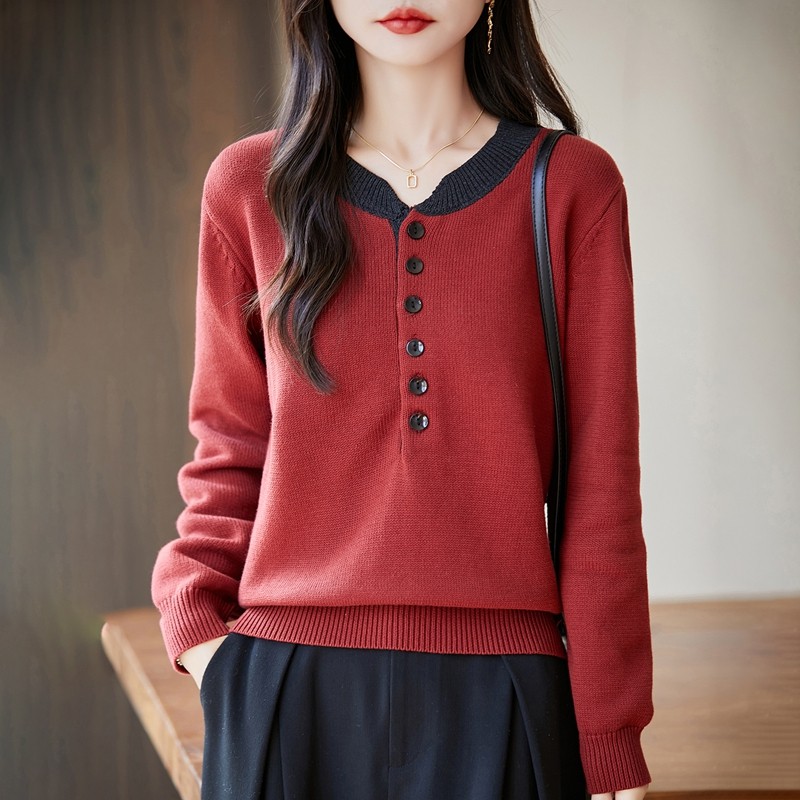 秋冬季纯棉线针织衫女半开圆领