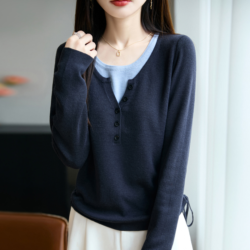 假两件针织衫女2025新款秋冬时尚洋气侧抽绳收腰显瘦内搭打底上衣