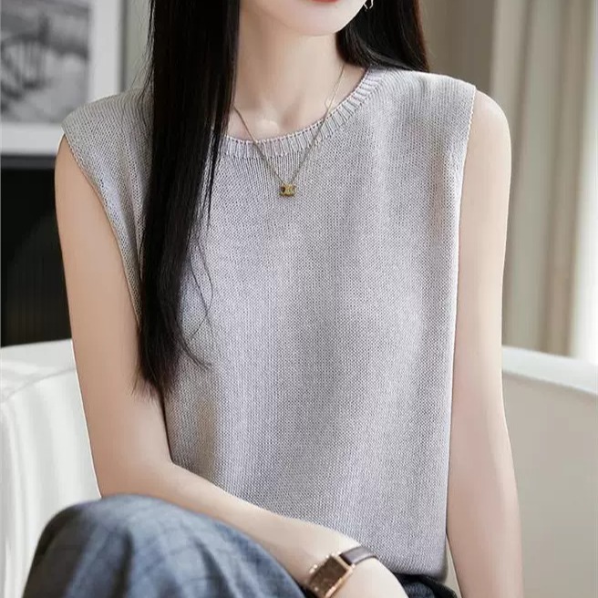 冰丝亚麻针织吊带背心女2025夏外穿薄款无袖上衣打底西装内搭T恤