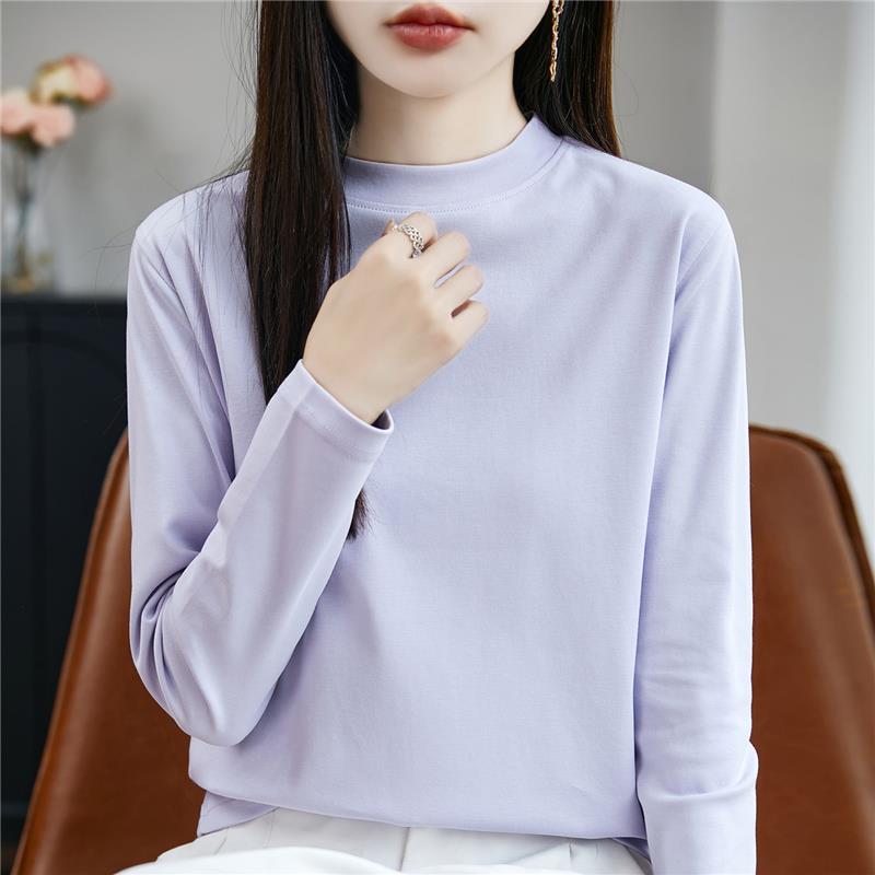 秋季新款100%纯棉半高领短袖女纯色百搭长袖T恤卫衣宽松打底衫