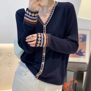 2025新款 洋气藏青色女士民族风上衣春秋毛衣女款 外套薄款 针织开衫