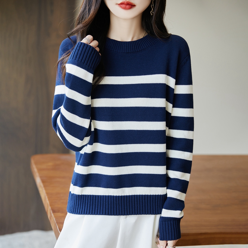 100纯棉女圆领条纹拼色毛衣宽松