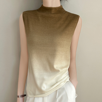 精纺羊毛半高领针织背心女内搭修身显瘦渐变色打底衫上衣无袖薄款