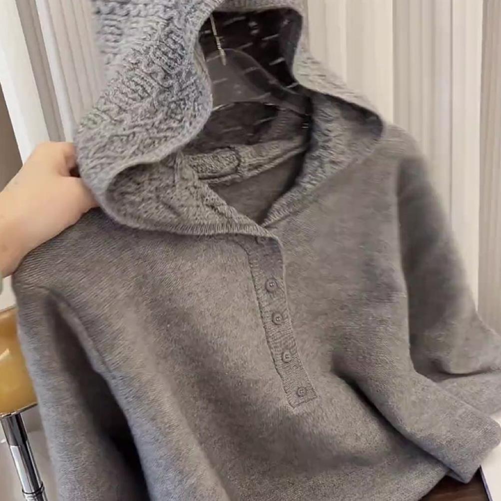 欧货时尚连帽设计感灰色长袖针织毛衣女2025春秋季新款气质上衣潮