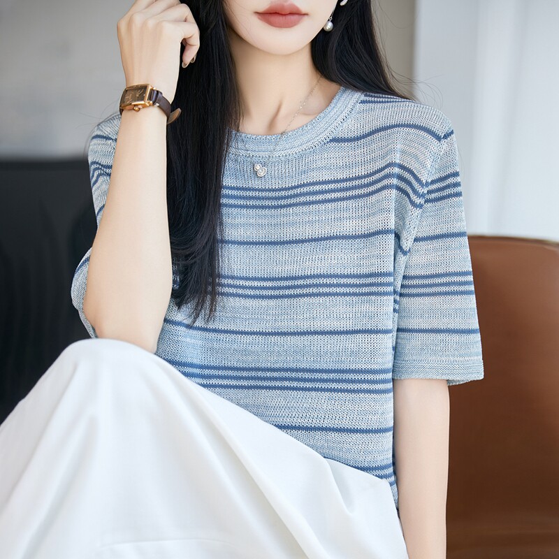 撞色条纹针织衫女短袖夏图片