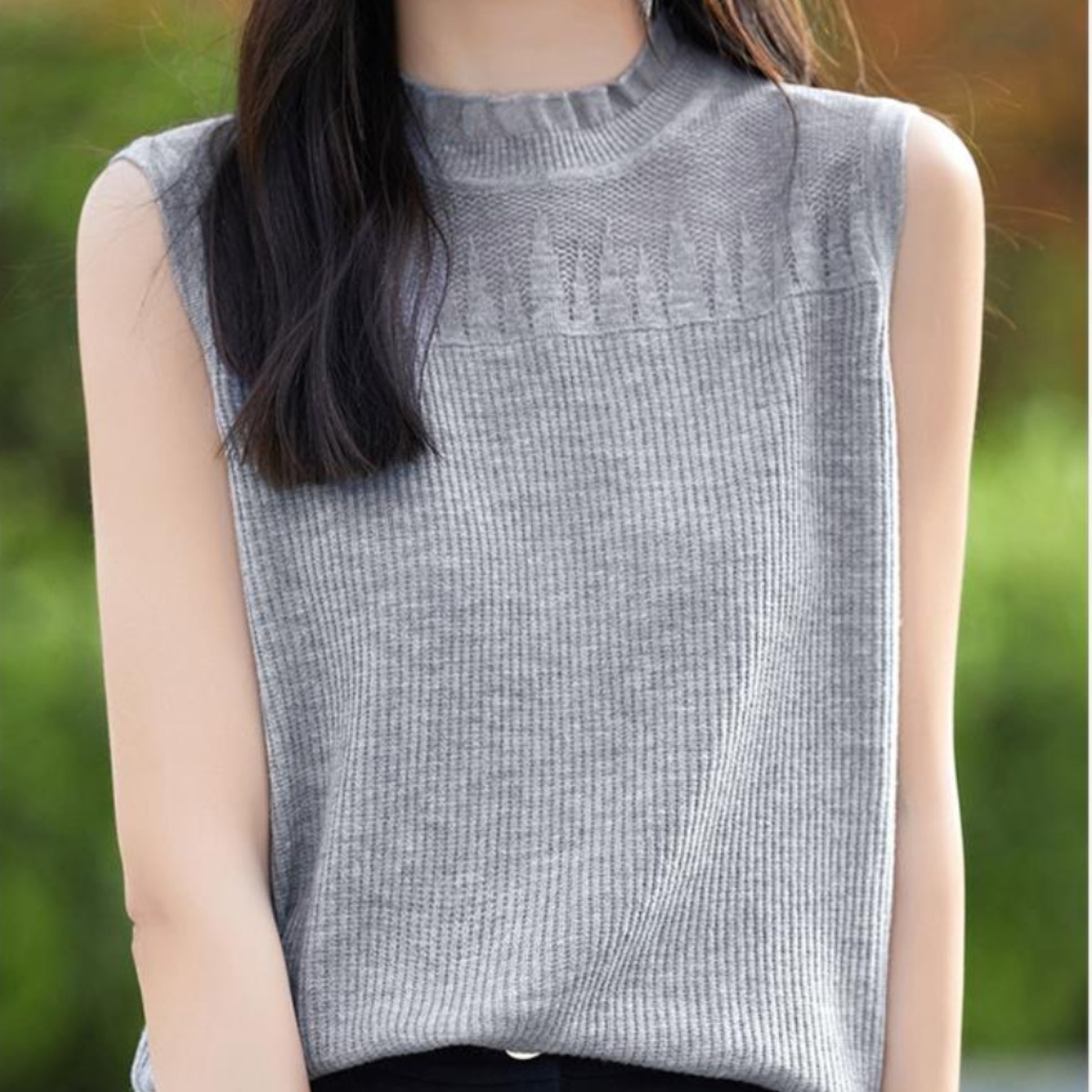 木耳花边领无袖背心精纺羊毛打底衫夏季洋气减龄蕾丝针织百搭上衣