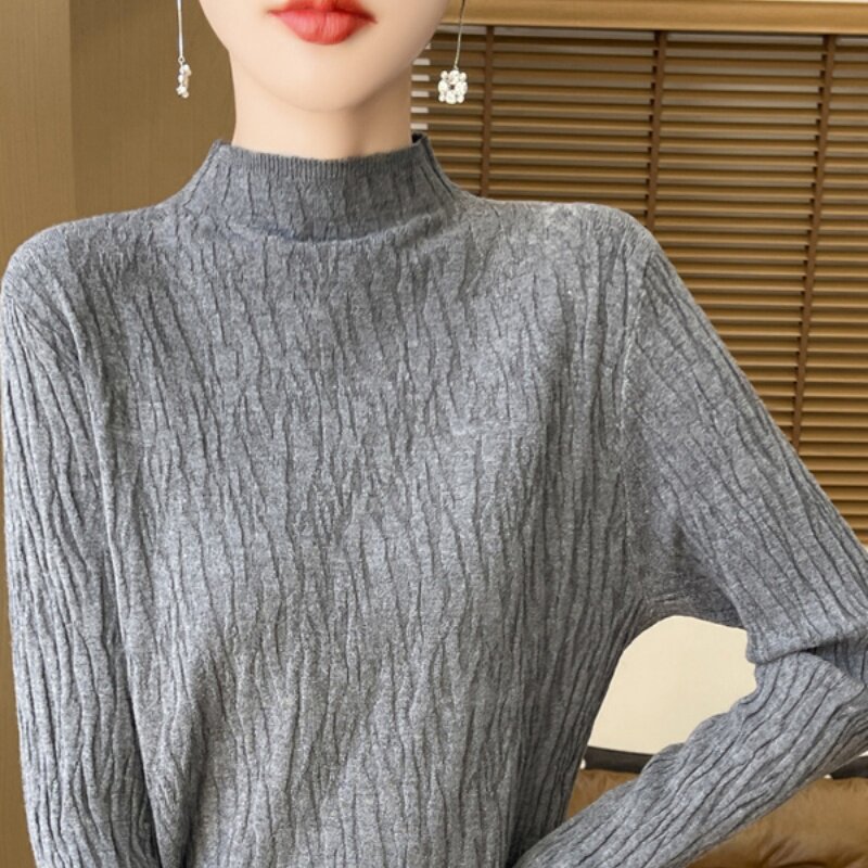 暗纹秋冬新款半高领打底衫女宽松薄款内搭中领毛衣女长袖针织衫