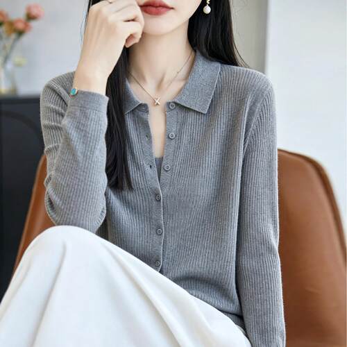 简约POLO领宽松薄款针织开衫女