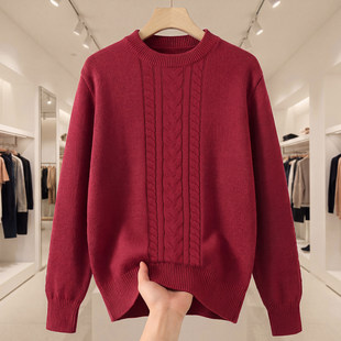 复古麻花100纯棉线针织衫 女新年红毛衣圆领宽松加厚保暖打底线衫