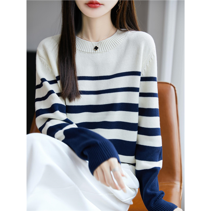 100%纯棉撞色条纹针织衫女2025秋冬加厚保暖宽松打底毛衣小众上衣