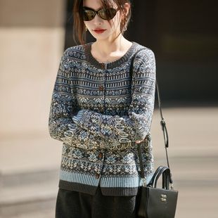 费尔岛针织开衫外套女浣熊绒复古毛衣宽松羊毛衫圆领外搭上衣