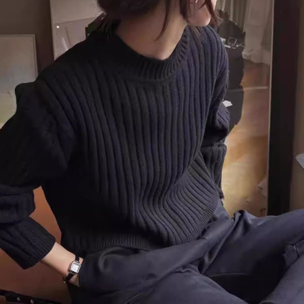 复古宽松慵懒风坑条羊绒针织衫女秋冬圆领套头毛衣打底羊毛衫上衣