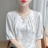 高端大气缎面圆领短袖 女精美感洋气提花遮肉减龄宽松休闲衬衣小衫