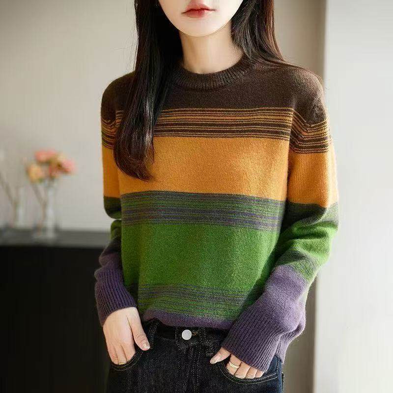 新款复古撞色条纹圆领针织女宽松长袖保暖毛衣打底衫上衣加厚毛衫,女装/女士精品,毛针织衫,淘宝优惠券,粉丝福利购,淘宝优惠卷