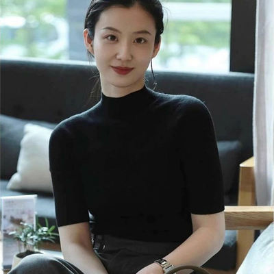 法式黑色薄款半高领打底衫短袖女