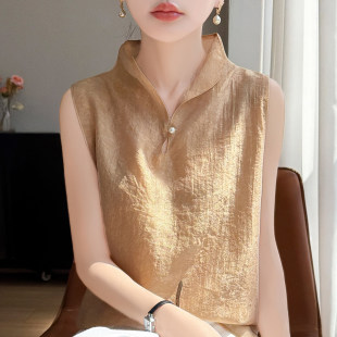 新中式立领无袖衬衫女装夏季复古盘扣欧根纱国风上衣时尚丝质小衫