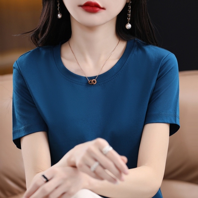 【新国货】100%纯棉T恤女130支双面丝光棉短袖V领圆领宽松大码夏