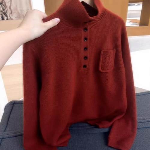 大码红色半高领长袖显瘦毛衣