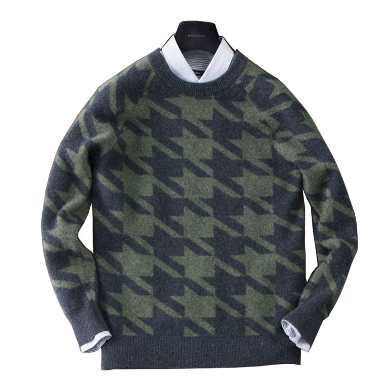 AUTUMN AND WINTER NEW CASHMERE SWEATER MENS ROUND NECK THICK SWEATER HOUNDSTOOTH KNIT BOTTOMING SWEATER MENS BUSINESS AUTHENTIC