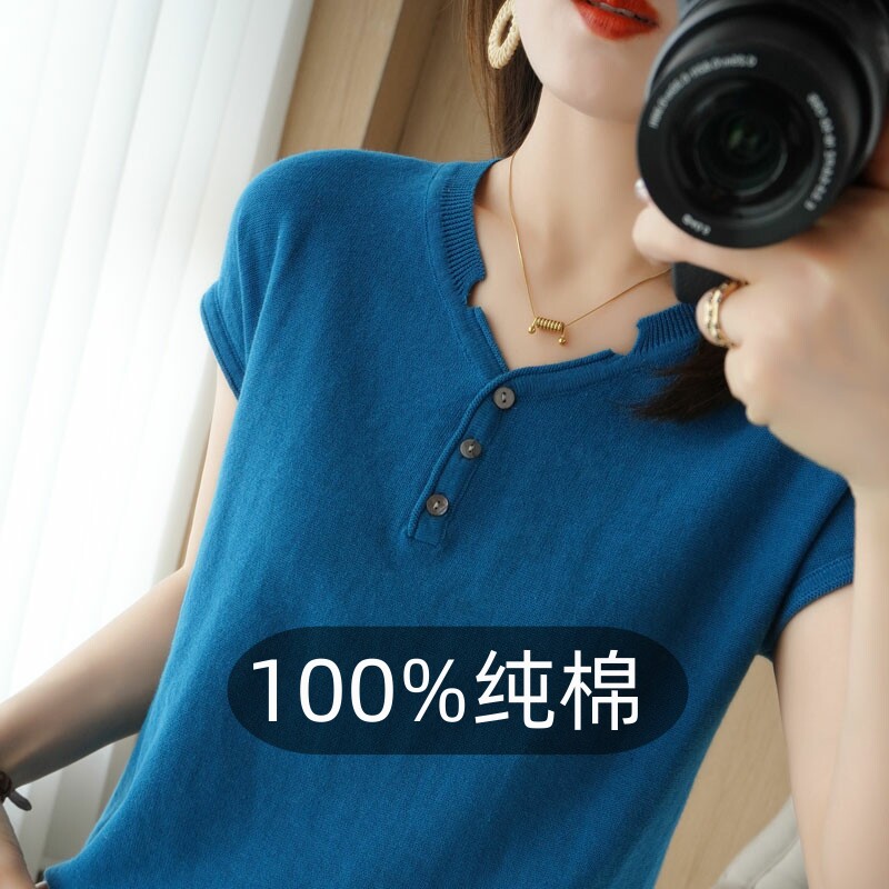 100%纯棉线衣低V领宽松大码短袖夏季新款女套头内搭上衣针织T恤衫图片