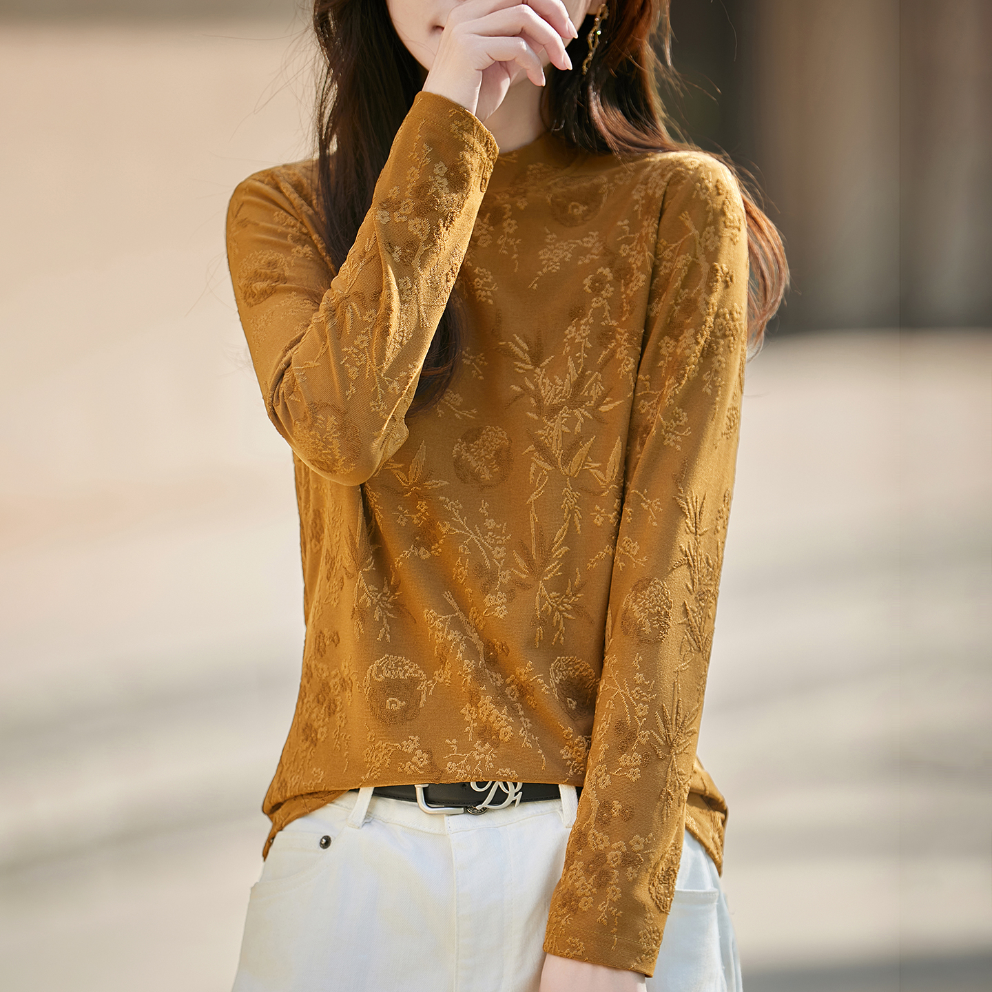 2025新款新中式国风打底衫半高领内搭提花时尚小个子针织缎面上衣