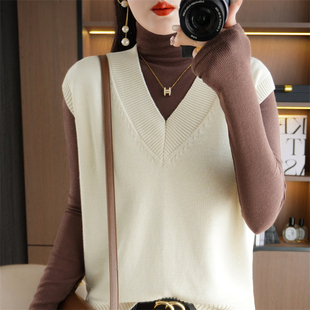 纯棉线V领针织马甲背心女纯色套头无袖毛衣坎肩宽松打底针织衫女