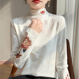 新中式国风刺绣上衣针织衫女半高领提花毛衣高级感气质保暖打底衫