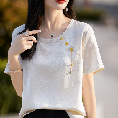 高级感丝绸缎面短袖t恤女