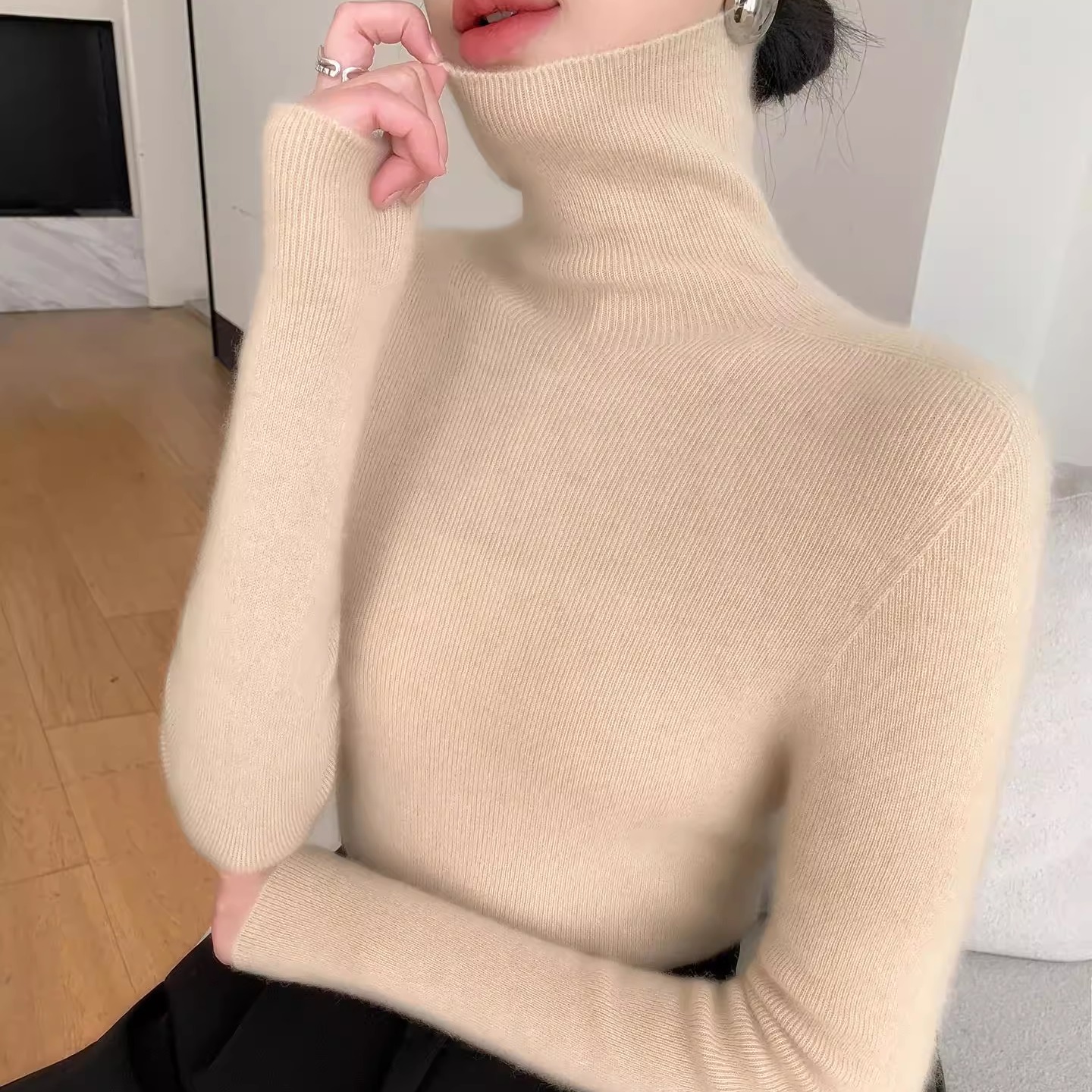 一线成衣高领毛衣女100羊毛针织衫修身堆堆领打底衫百搭2025秋冬