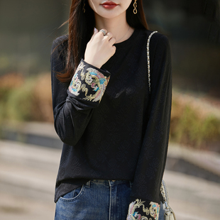 新中式国风圆领套头刺绣提花上衣女25秋冬新款气质洋气宽松打底衫