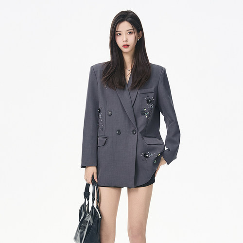 双排扣重工钉珠设计感西装外套女