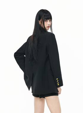SeeU喜尤经典黑色西装外套女春秋休闲高级设计感金扣宽松西装女
