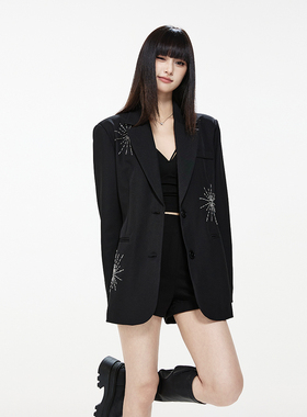 SeeU喜尤夜空烟花刺绣黑色小众设计感西装外套女2025春新宽松西服