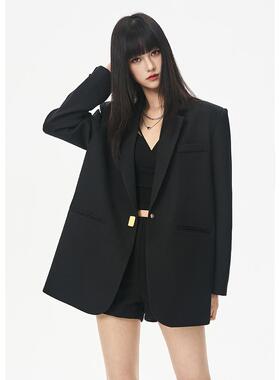 SeeU喜尤黑色西装外套女版型chao正！个性金砖扣装饰正肩西服百搭