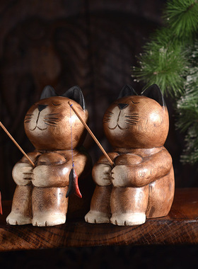 泰国实木雕刻电视柜博古架卡通猫