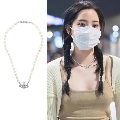 欧阳娜娜韦雪同款西太后土星珍珠项链别针女锁骨颈链毛卫衣链秋冬