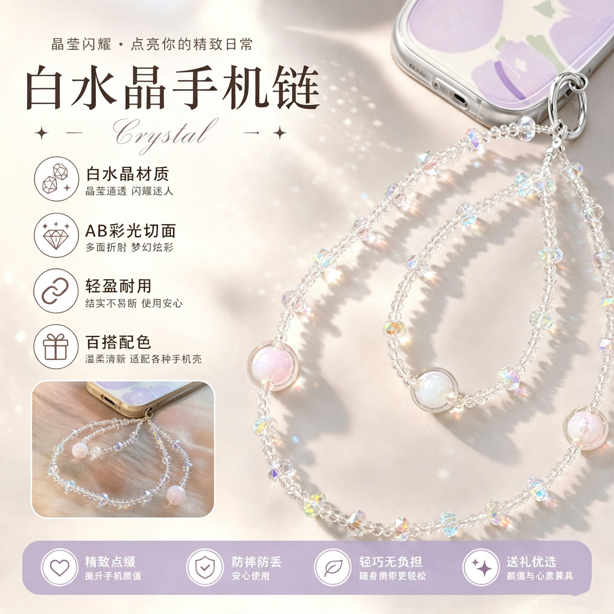 手机链水晶挂手腕绳轻奢小众