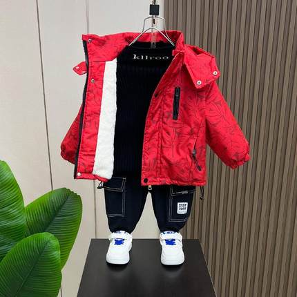 男童棉服加绒外套2024新款宝宝保暖冲锋衣派克服儿童加厚冬季上衣