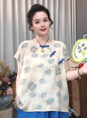 夏季新款新中式棉绸印花短袖衬衫女夏季斜襟盘扣宽松显瘦T恤上衣