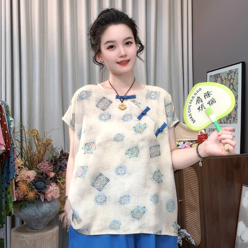 夏季新款新中式棉绸印花短袖衬衫女夏季斜襟盘扣宽松显瘦T恤上衣