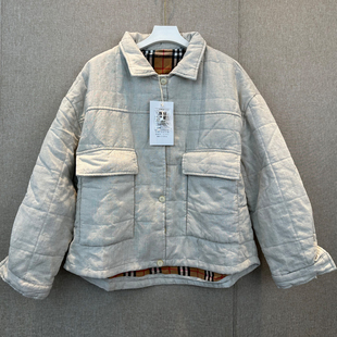 2025冬季新品色织亚麻减龄短款文艺桑蚕丝棉服女士保暖棉衣小翻领