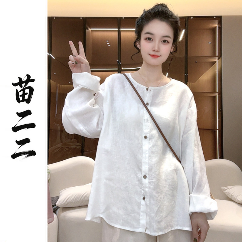 苗二二100%亚麻圆领宽松纯色小衫春夏季开衫上衣女薄衬衫新款