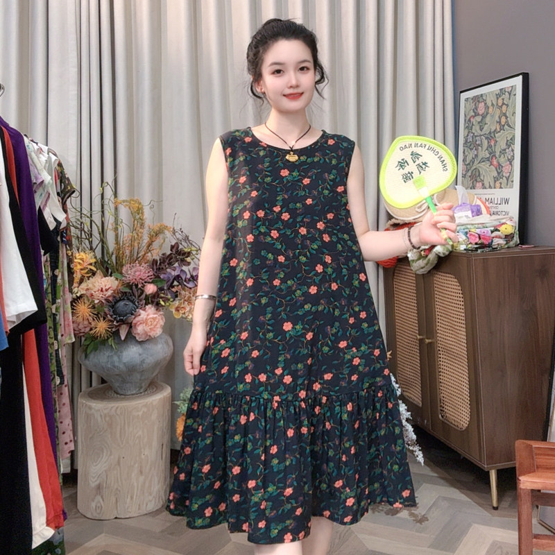 夏季新款棉绸碎花连衣裙女宽松显瘦人造棉中长款休闲外穿无袖裙子