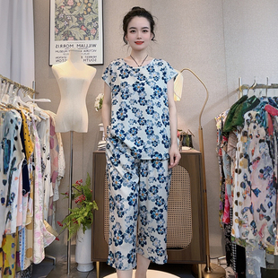 两件套可外穿 新款 双口袋女士宽松棉绸家居服套装 人造棉短袖 七分裤
