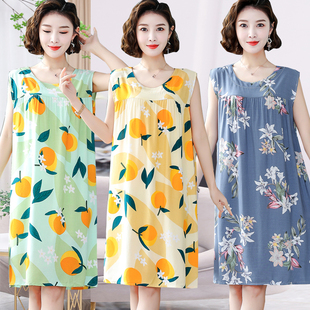 宽松中长款 睡裙女夏中老年棉绸大码 时尚 胖mm连衣裙妈妈装 睡衣 无袖