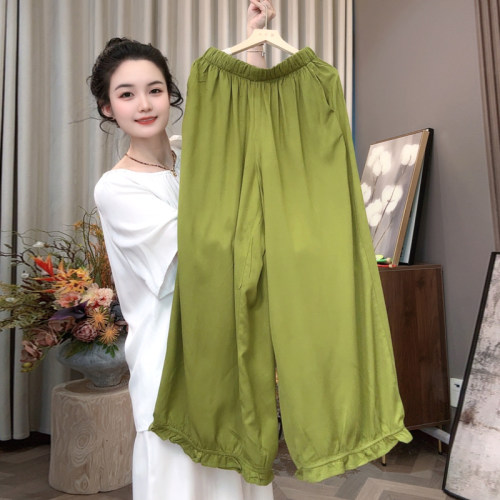 夏季慵懒风女薄款棉绸花苞裤纯色宽松休闲裤居家外穿人造棉长裤