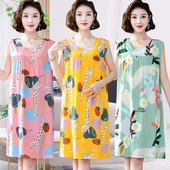 宽松大码 纯棉绸睡衣女短袖 中年妈妈家居服连衣裙 睡裙女夏薄款 无袖